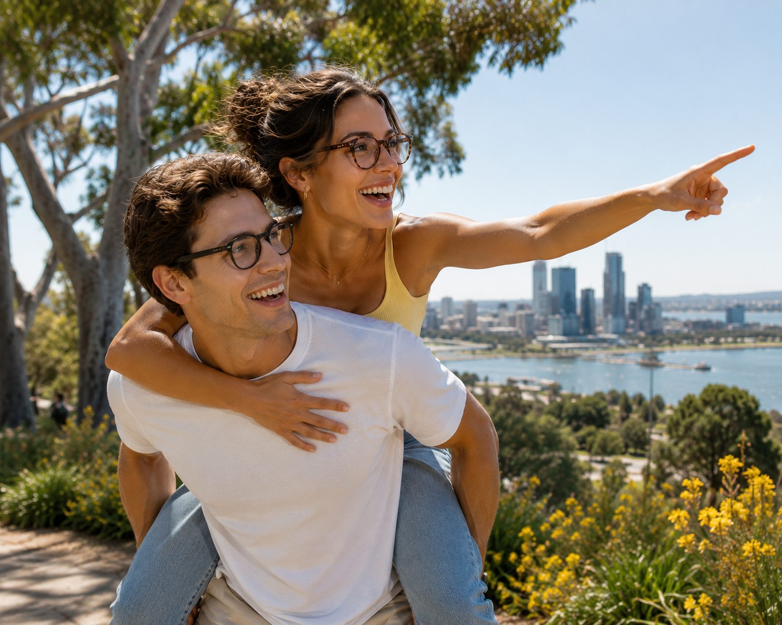 Couple wearing preloved designer eyewear overlooking Perth and Kings Park